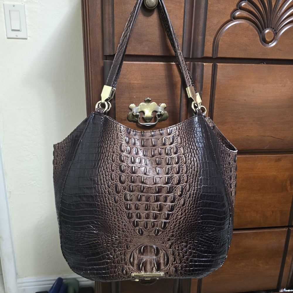 Brahmin Croc Embossed Coffe Brown Shoulder Tote Bag